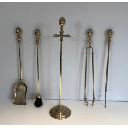 Neoclassical Brass Fireplace Companion Set with Pine Cone Finials, Baguès Style