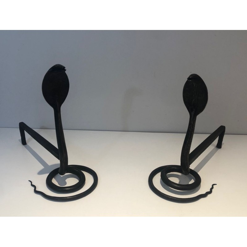 Pair of Hammered Wrought Iron Cobra Andirons in the Style of Edgar Brandt