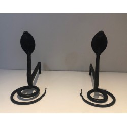 Pair of Hammered Wrought Iron Cobra Andirons in the Style of Edgar Brandt