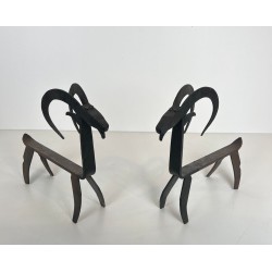 Pair of Wrought Iron Goat Andirons in the Style of Édouard Schenck