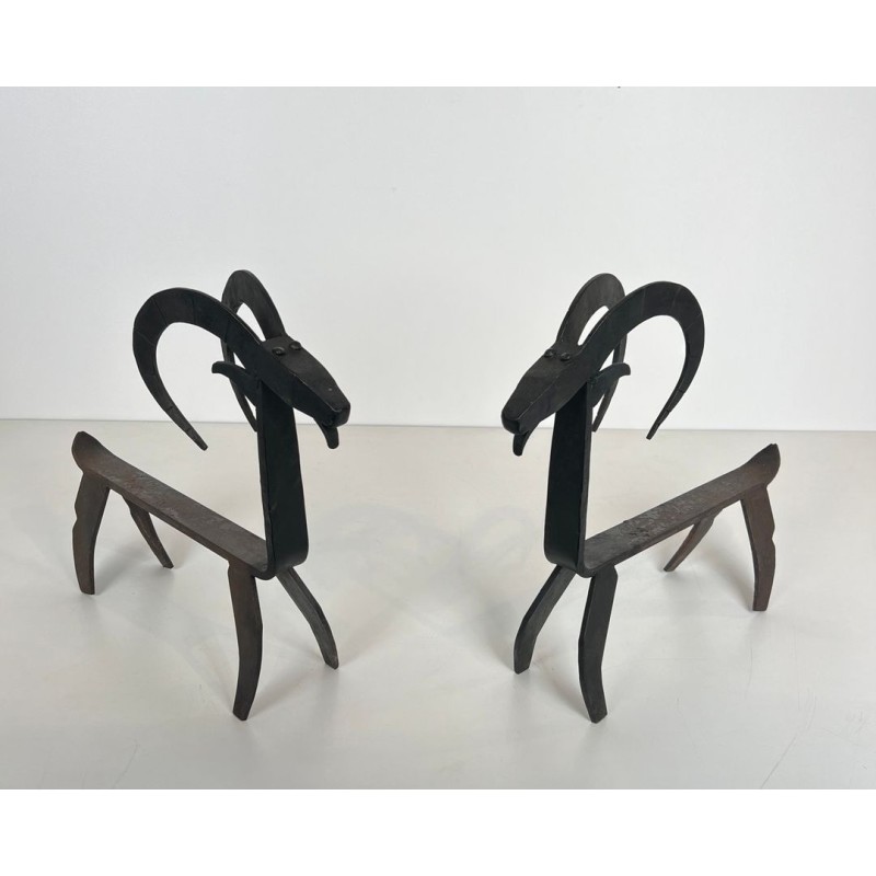 Pair of Wrought Iron Goat Andirons in the Style of Édouard Schenck