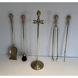 Neoclassical Brass Fireplace Companion Set with Pine Cone Finials, Baguès Style