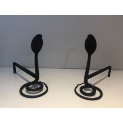 Pair of Hammered Wrought Iron Cobra Andirons in the Style of Edgar Brandt