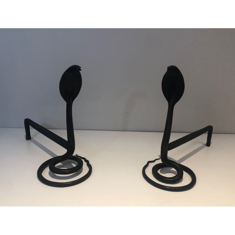 Pair of Hammered Wrought Iron Cobra Andirons in the Style of Edgar Brandt