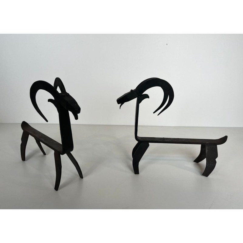 Pair of Wrought Iron Goat Andirons in the Style of Édouard Schenck