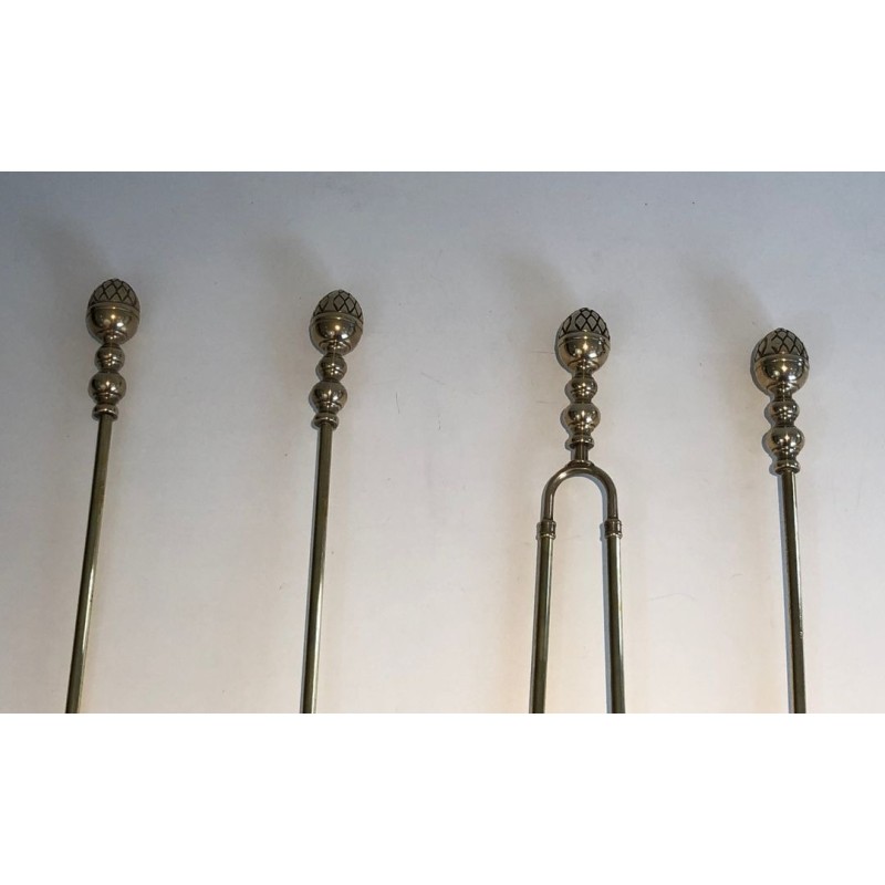 Neoclassical Brass Fireplace Companion Set with Pine Cone Finials, Baguès Style