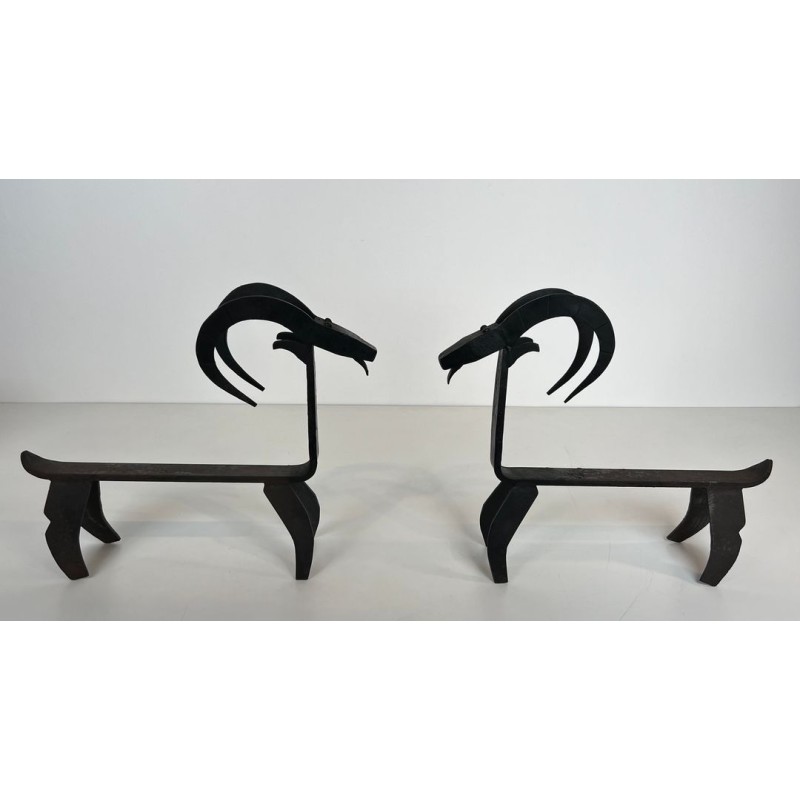 Pair of Wrought Iron Goat Andirons in the Style of Édouard Schenck