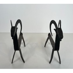 Pair of Wrought Iron Goat Andirons in the Style of Édouard Schenck