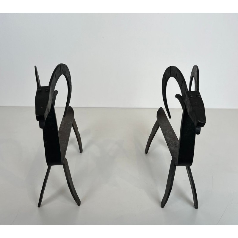 Pair of Wrought Iron Goat Andirons in the Style of Édouard Schenck
