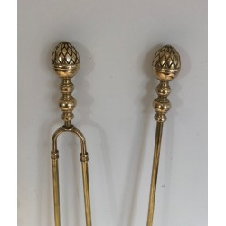 Neoclassical Brass Fireplace Companion Set with Pine Cone Finials, Baguès Style