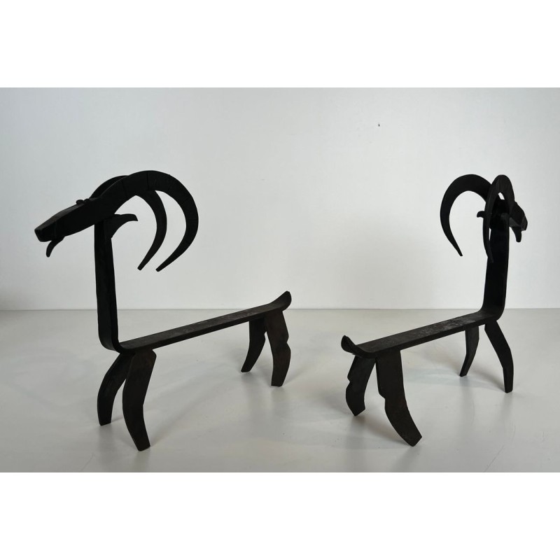 Pair of Wrought Iron Goat Andirons in the Style of Édouard Schenck