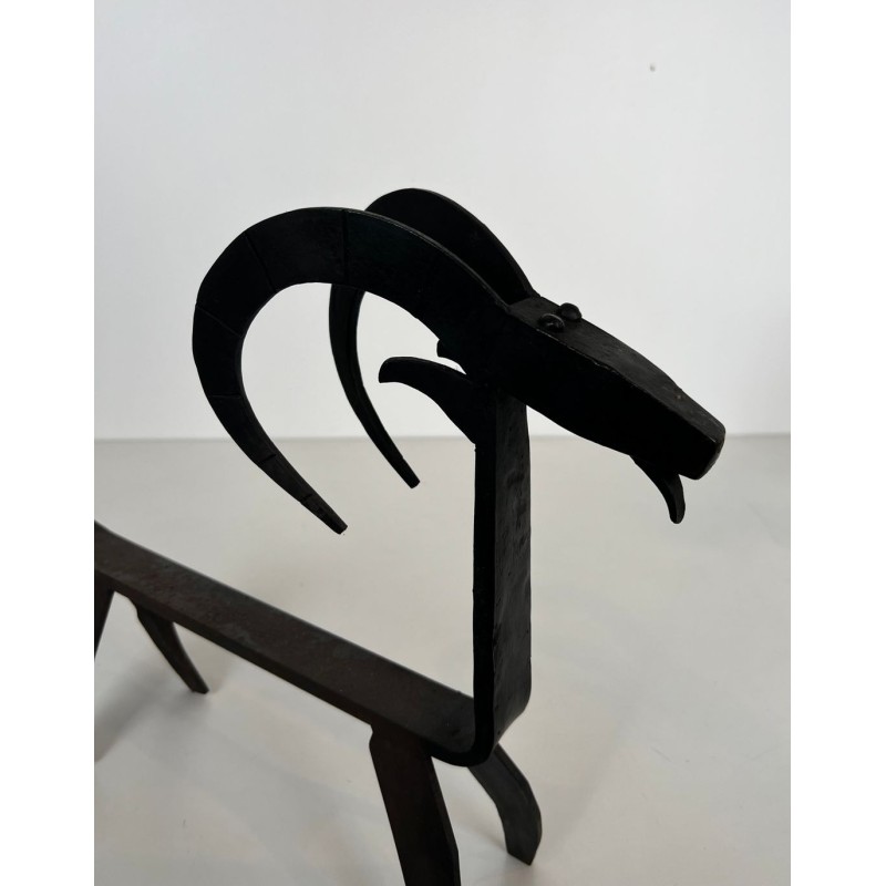 Pair of Wrought Iron Goat Andirons in the Style of Édouard Schenck