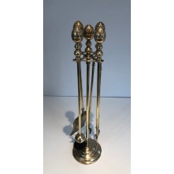 Neoclassical Brass Fireplace Companion Set with Pine Cone Finials, Baguès Style