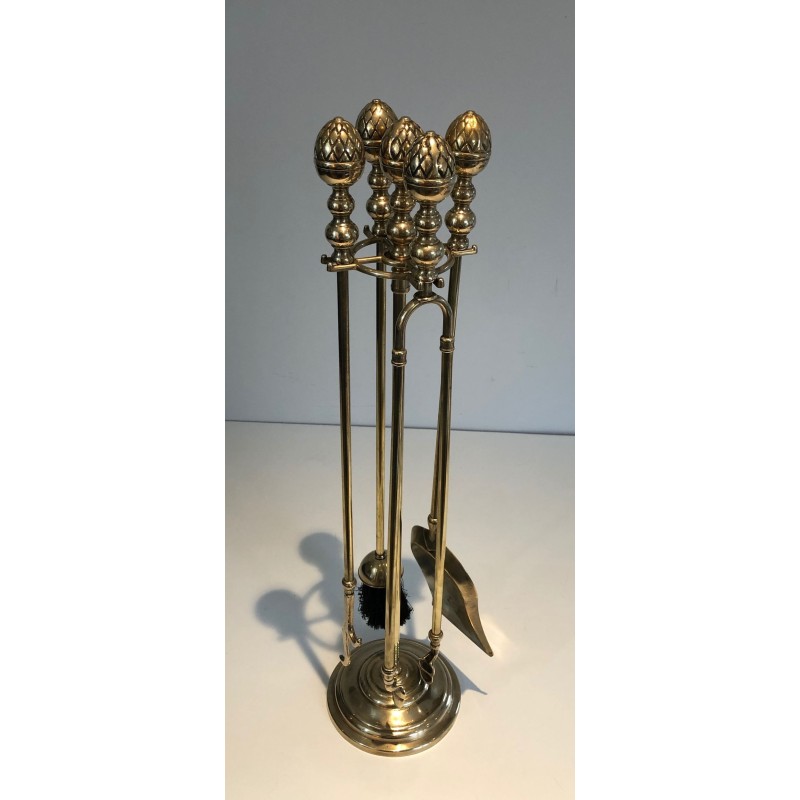 Neoclassical Brass Fireplace Companion Set with Pine Cone Finials, Baguès Style