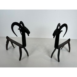 Pair of Wrought Iron Goat Andirons in the Style of Édouard Schenck