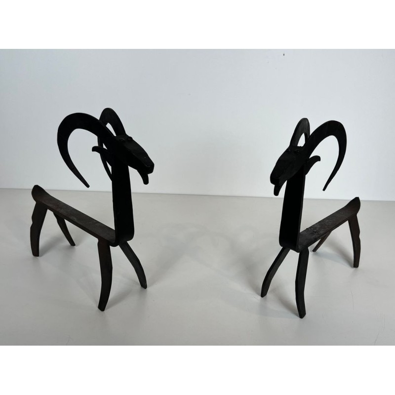 Pair of Wrought Iron Goat Andirons in the Style of Édouard Schenck