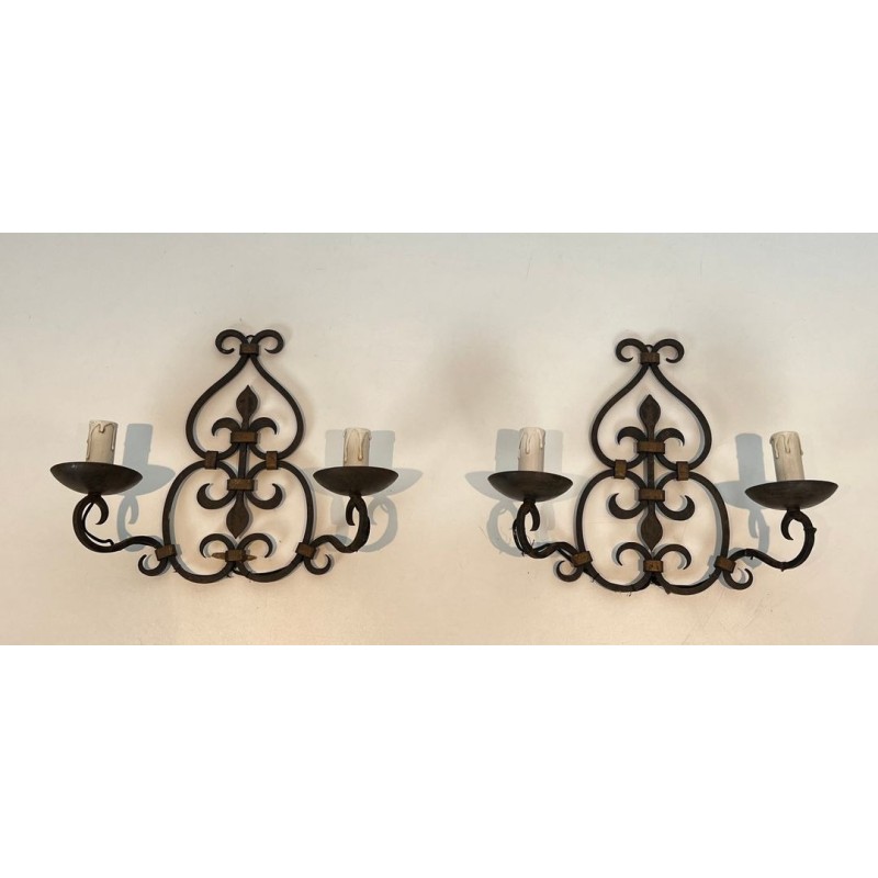 Pair of Wrought Iron Two-Light Wall Sconces with Scroll and Fleur-de-Lys Backplate