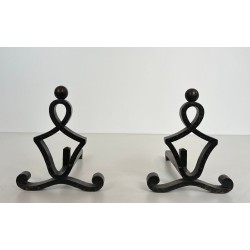 Pair of Modernist Wrought Iron Figural Andirons with Ball Finials and Scroll Feet