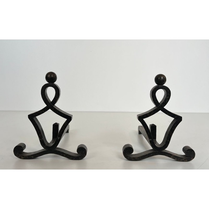 Pair of Modernist Wrought Iron Figural Andirons with Ball Finials and Scroll Feet