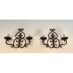 Pair of Wrought Iron Two-Light Wall Sconces with Scroll and Fleur-de-Lys Backplate