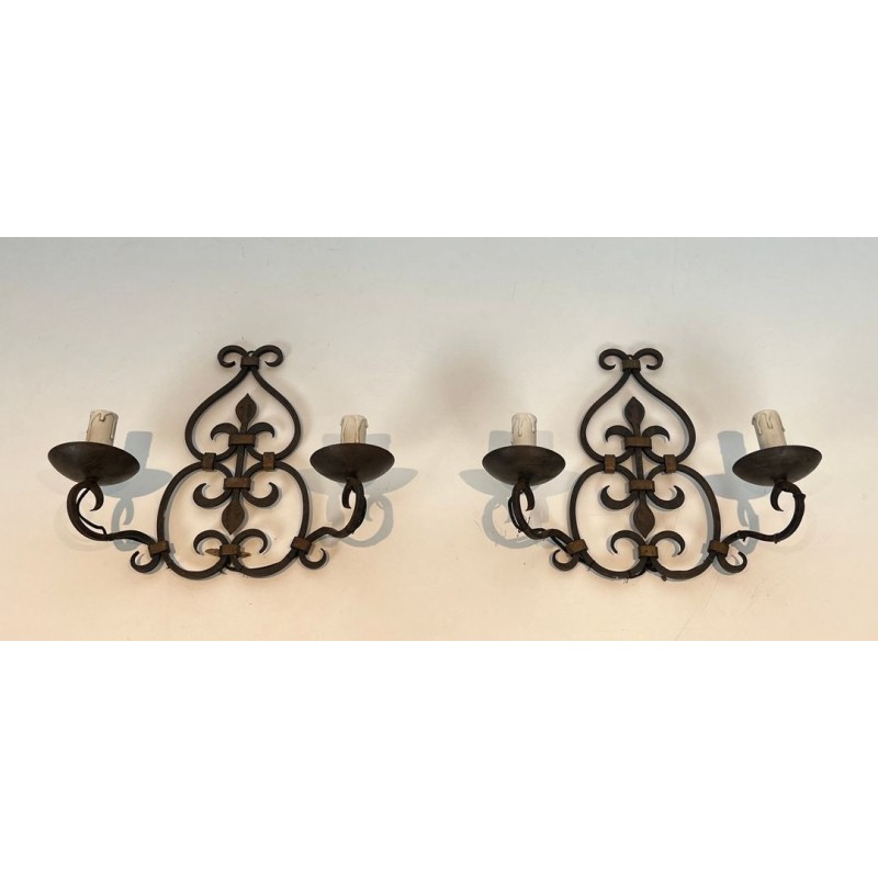Pair of Wrought Iron Two-Light Wall Sconces with Scroll and Fleur-de-Lys Backplate