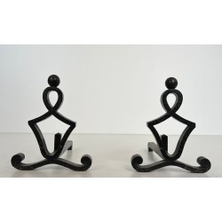 Pair of Modernist Wrought Iron Figural Andirons with Ball Finials and Scroll Feet