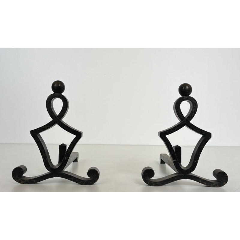 Pair of Modernist Wrought Iron Figural Andirons with Ball Finials and Scroll Feet