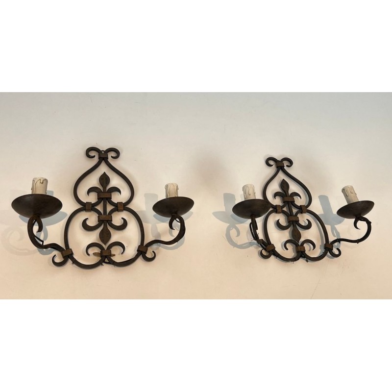 Pair of Wrought Iron Two-Light Wall Sconces with Scroll and Fleur-de-Lys Backplate