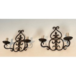 Pair of Wrought Iron Two-Light Wall Sconces with Scroll and Fleur-de-Lys Backplate
