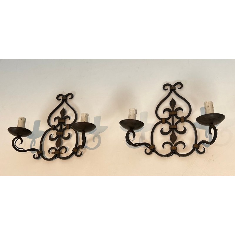 Pair of Wrought Iron Two-Light Wall Sconces with Scroll and Fleur-de-Lys Backplate
