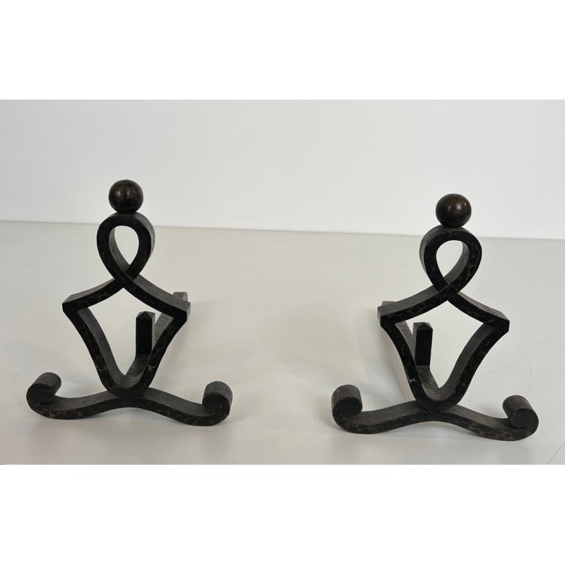 Pair of Modernist Wrought Iron Figural Andirons with Ball Finials and Scroll Feet