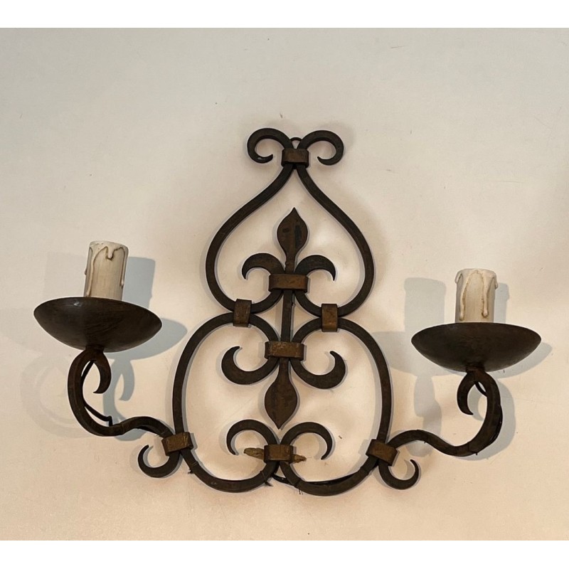 Pair of Wrought Iron Two-Light Wall Sconces with Scroll and Fleur-de-Lys Backplate