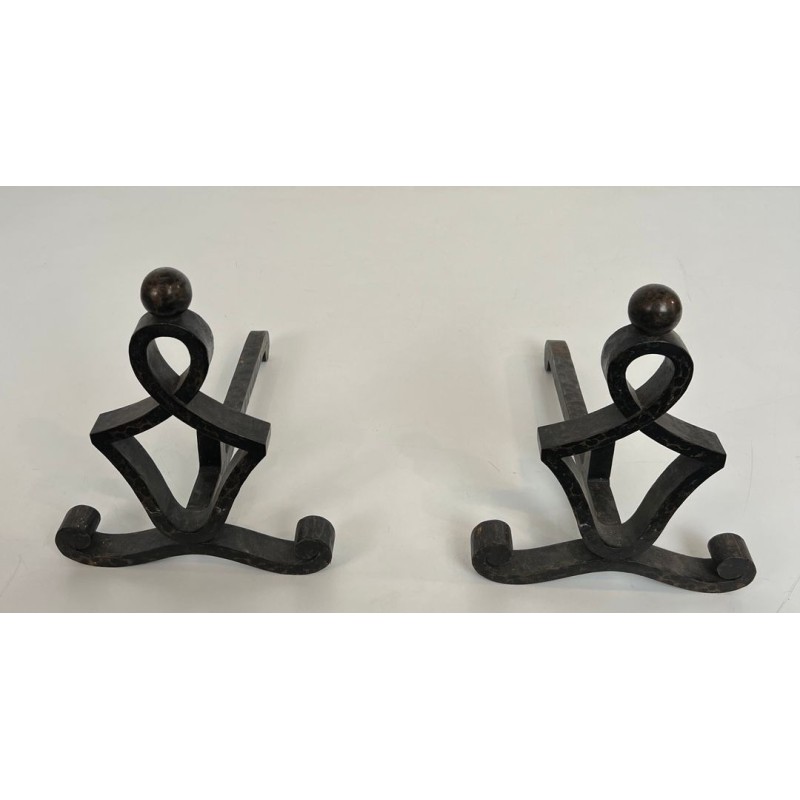 Pair of Modernist Wrought Iron Figural Andirons with Ball Finials and Scroll Feet