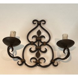 Pair of Wrought Iron Two-Light Wall Sconces with Scroll and Fleur-de-Lys Backplate