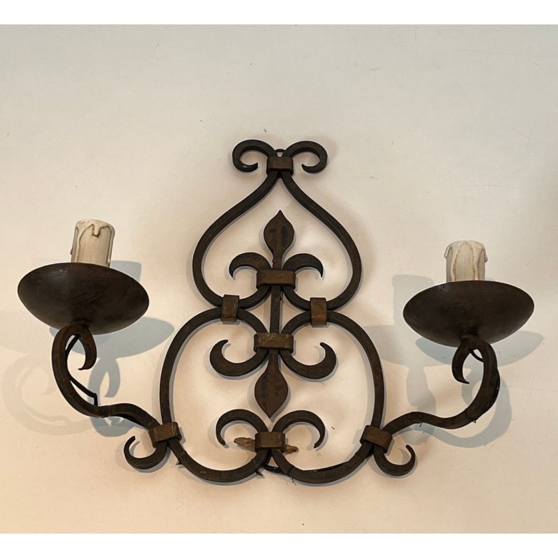 Pair of Wrought Iron Two-Light Wall Sconces with Scroll and Fleur-de-Lys Backplate