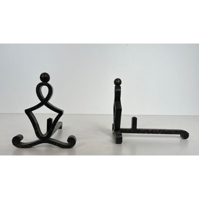 Pair of Modernist Wrought Iron Figural Andirons with Ball Finials and Scroll Feet