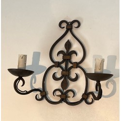 Pair of Wrought Iron Two-Light Wall Sconces with Scroll and Fleur-de-Lys Backplate