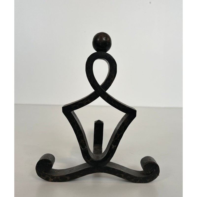 Pair of Modernist Wrought Iron Figural Andirons with Ball Finials and Scroll Feet
