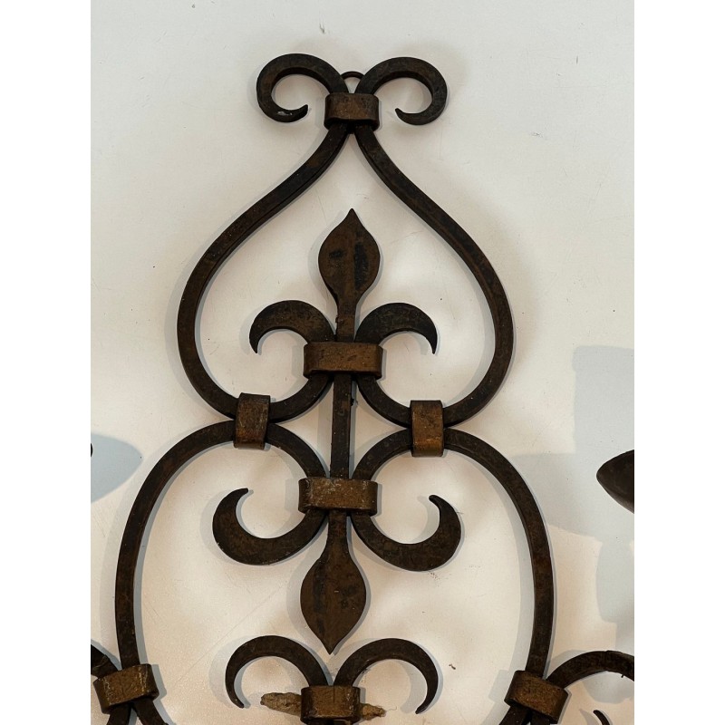 Pair of Wrought Iron Two-Light Wall Sconces with Scroll and Fleur-de-Lys Backplate