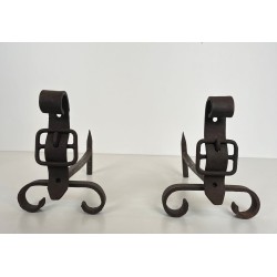 Pair of Modernist Cast Iron and Wrought Iron Belt-Buckle Andirons
