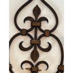 Pair of Wrought Iron Two-Light Wall Sconces with Scroll and Fleur-de-Lys Backplate