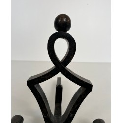 Pair of Modernist Wrought Iron Figural Andirons with Ball Finials and Scroll Feet