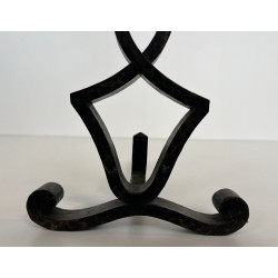 Pair of Modernist Wrought Iron Figural Andirons with Ball Finials and Scroll Feet