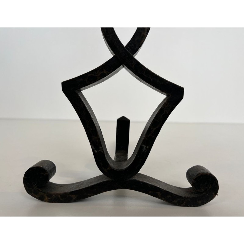 Pair of Modernist Wrought Iron Figural Andirons with Ball Finials and Scroll Feet