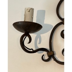 Pair of Wrought Iron Two-Light Wall Sconces with Scroll and Fleur-de-Lys Backplate
