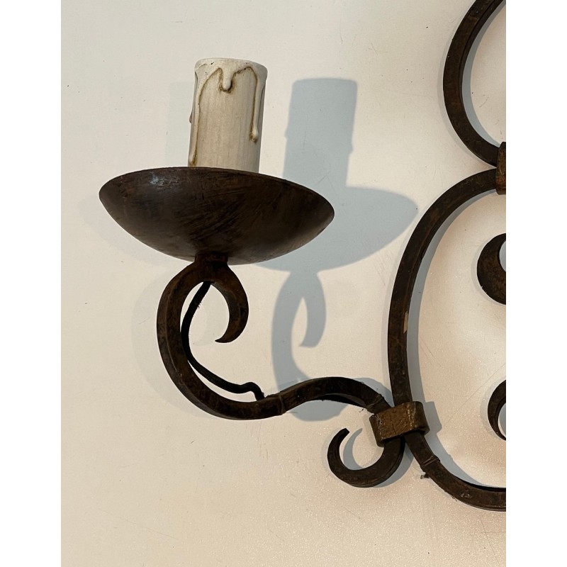 Pair of Wrought Iron Two-Light Wall Sconces with Scroll and Fleur-de-Lys Backplate
