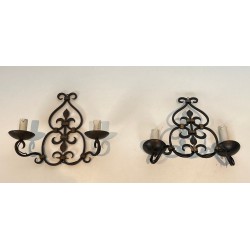 Pair of Wrought Iron Two-Light Wall Sconces with Scroll and Fleur-de-Lys Backplate