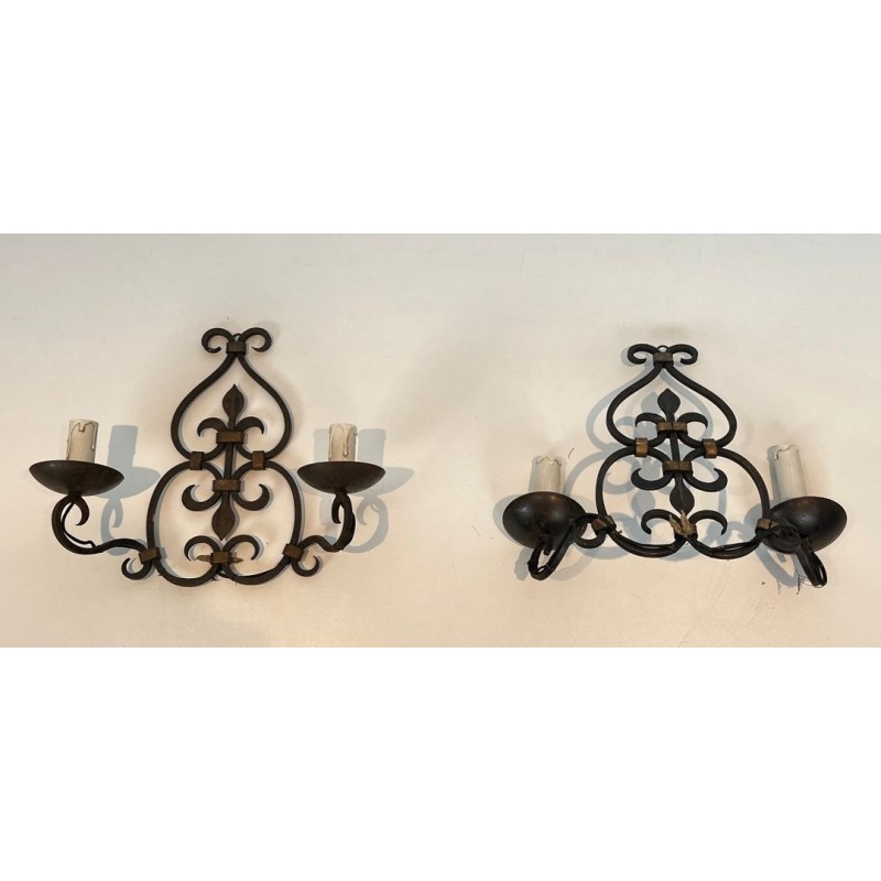 Pair of Wrought Iron Two-Light Wall Sconces with Scroll and Fleur-de-Lys Backplate