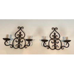Pair of Wrought Iron Two-Light Wall Sconces with Scroll and Fleur-de-Lys Backplate
