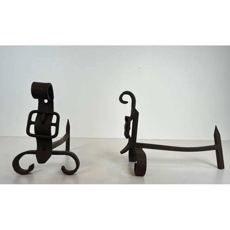 Pair of Modernist Cast Iron and Wrought Iron Belt-Buckle Andirons